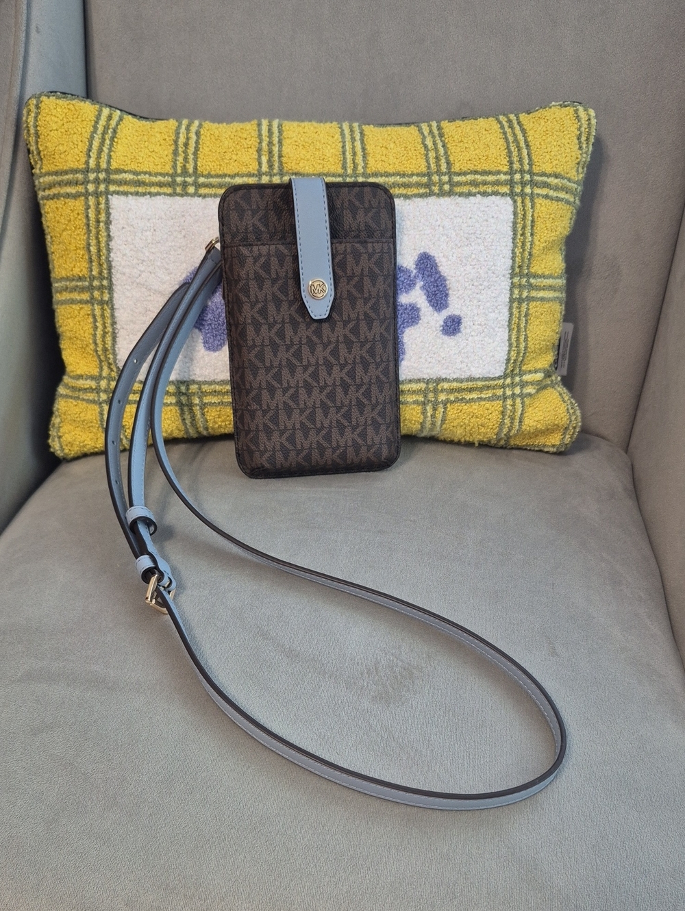 MICHAEL KORS Brown MK Logo Phone Crossbody with Light Blue Strap